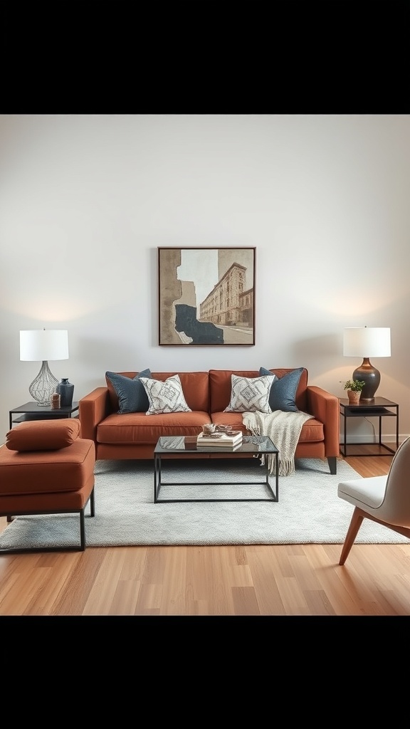 A modern living room featuring a brown couch, decorative pillows, a coffee table, and stylish lamps.