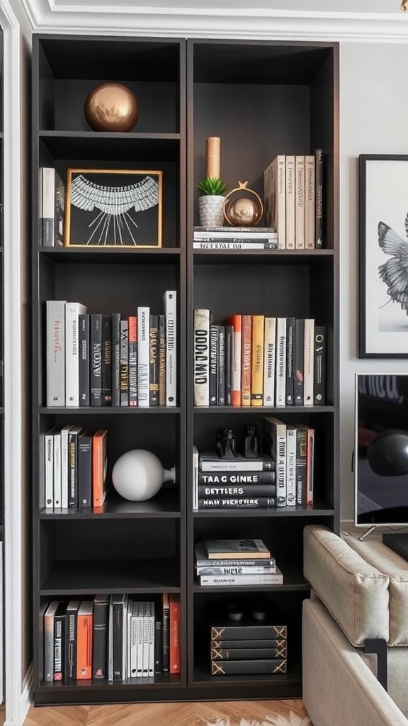 Modern cube corner bookshelf with books and decorative items