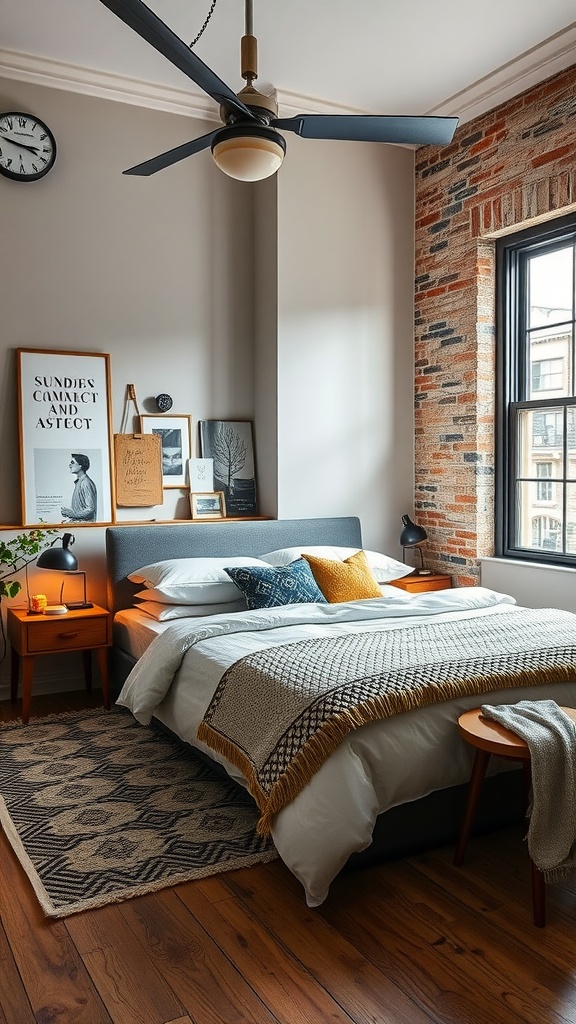 Modern eclectic bedroom featuring a mix of textures, colors, and decor.