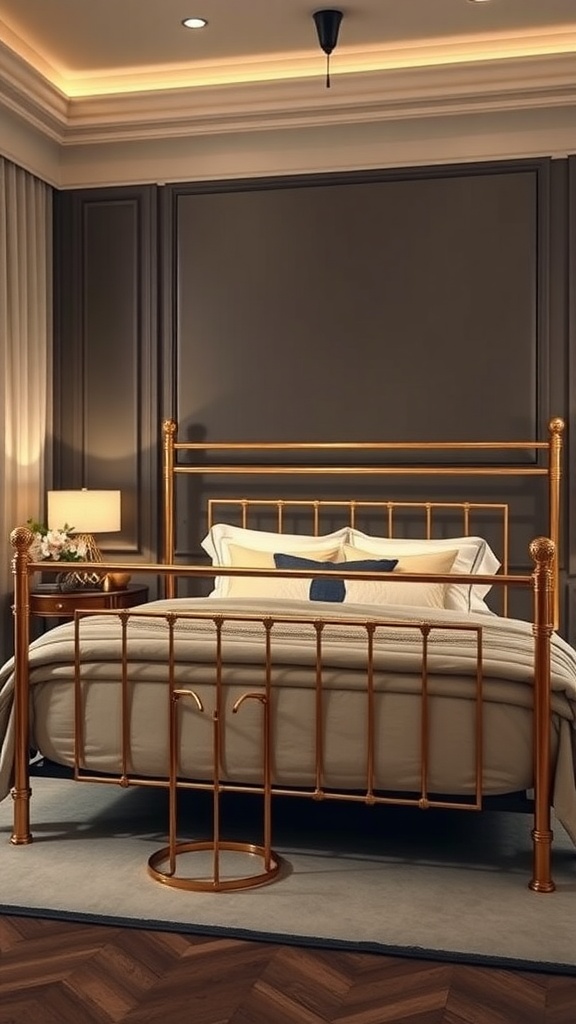 A stylish gold metal bed frame in a modern bedroom setting.
