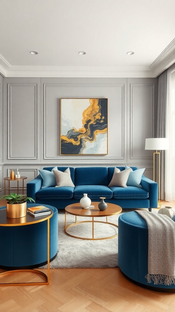 A modern living room featuring a velvet blue sofa, round coffee table, and decorative elements.