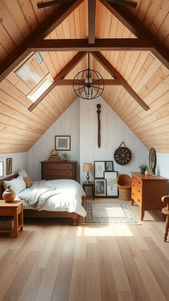 A cozy attic bedroom featuring wooden beams, natural light, and modern farmhouse decor.