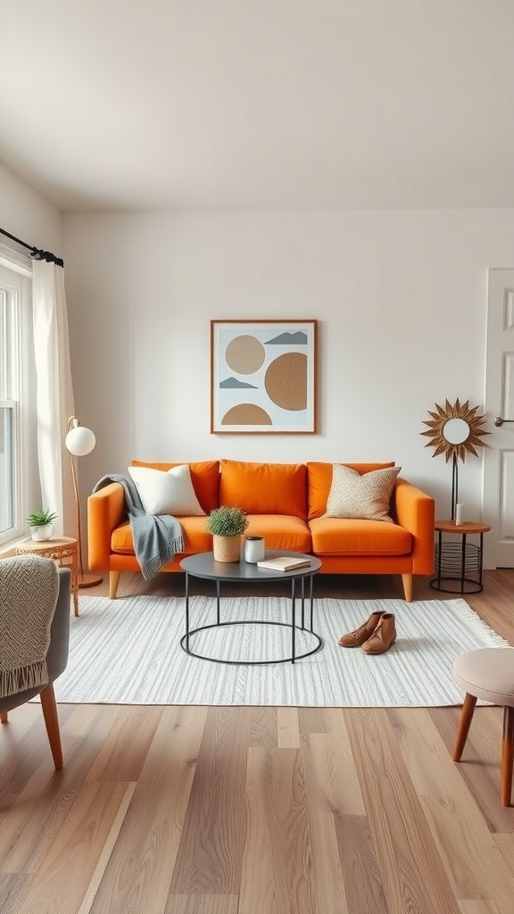 A modern farmhouse living room featuring an orange sofa, light area rug, wooden coffee table, and stylish decor.