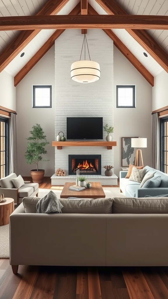 A modern farmhouse living room featuring wooden beams, a brick fireplace, and comfortable furniture.