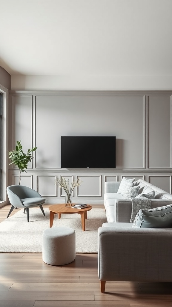 A modern living room featuring flat panel wainscoting, comfortable seating, and a stylish coffee table.