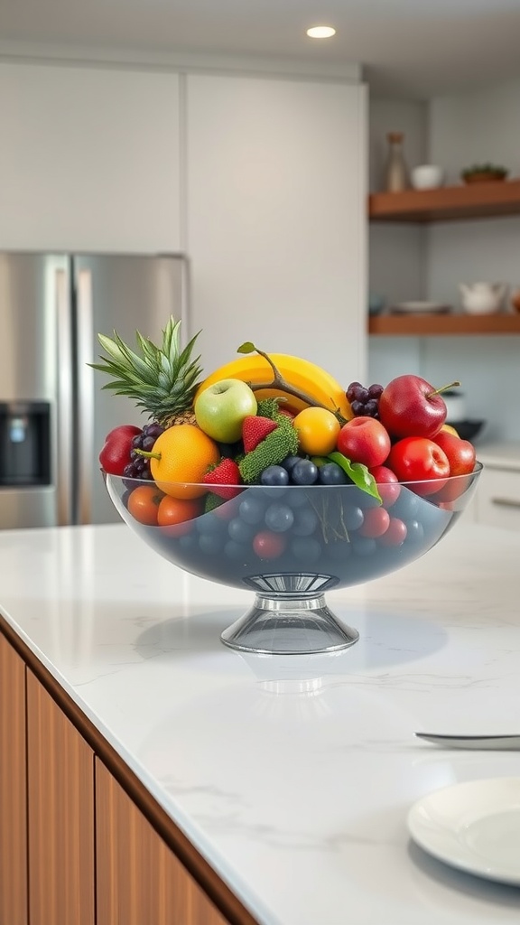 A modern fruit bowl filled with various colorful fruits on a kitchen island.