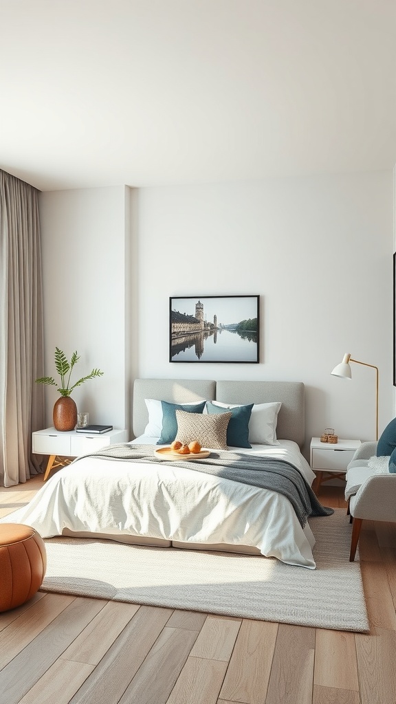 A modern bedroom featuring a neatly made bed, nightstands, a piece of art on the wall, and natural light filling the room.