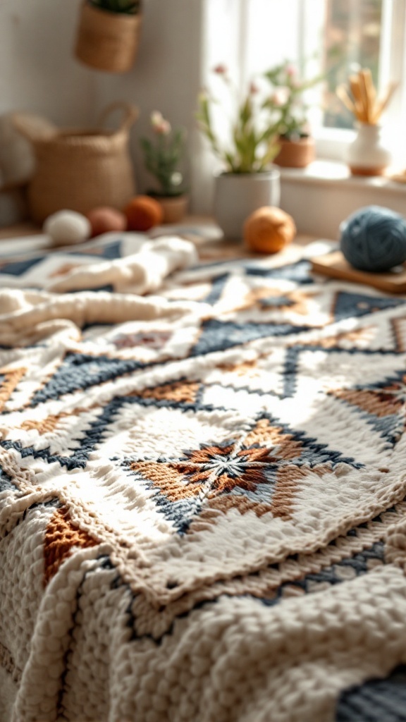 A crochet bedspread with modern geometric patterns in earthy tones