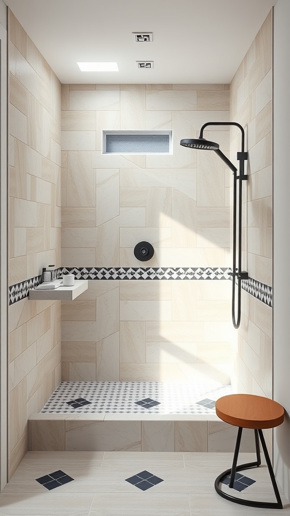 A modern tile shower featuring light-colored tiles with a geometric black and white border.