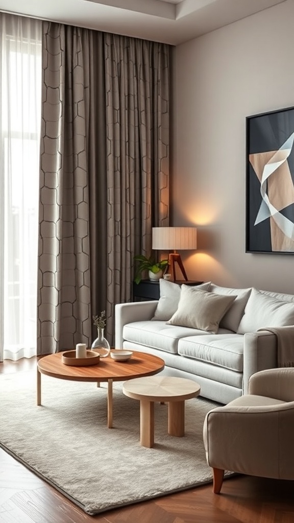 Living room with modern geometric print curtains and stylish furniture.