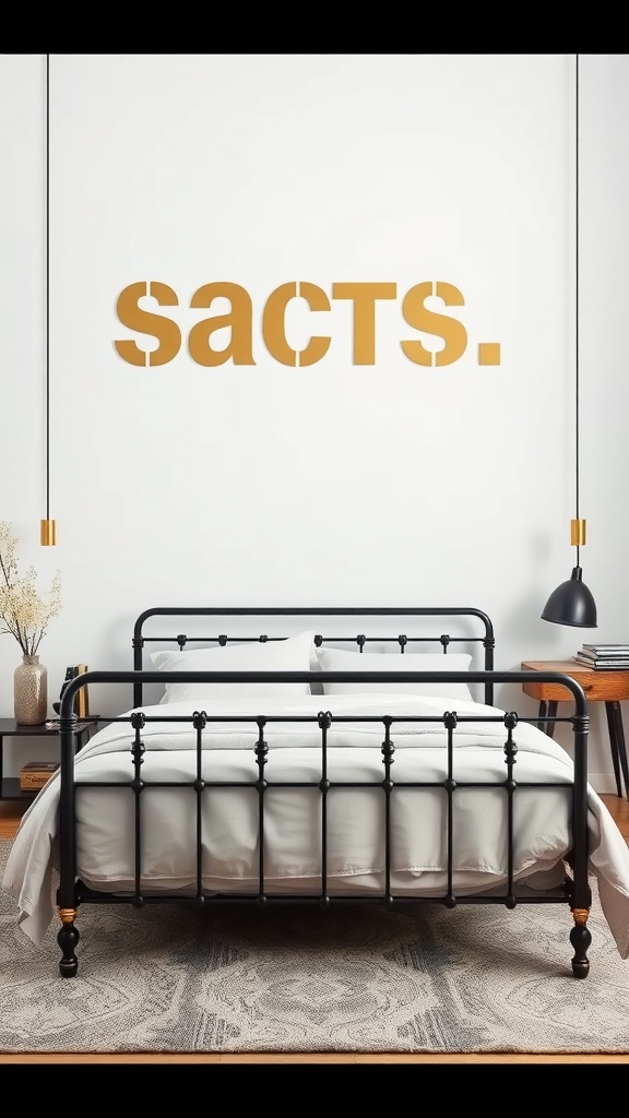 A modern bedroom featuring a black metal bed frame, light bedding, and metallic decor accents