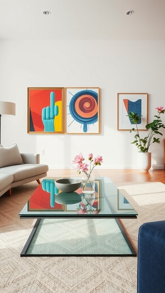 A modern living room featuring a glass coffee table with stylish decor and artwork on the walls.