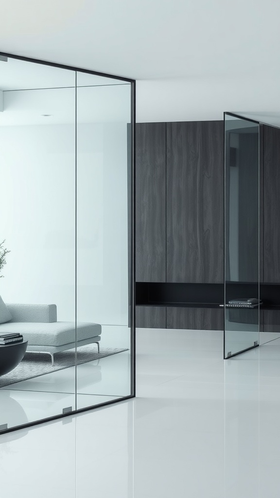 A modern living room featuring glass partitions that separate the sitting area from the rest of the room.