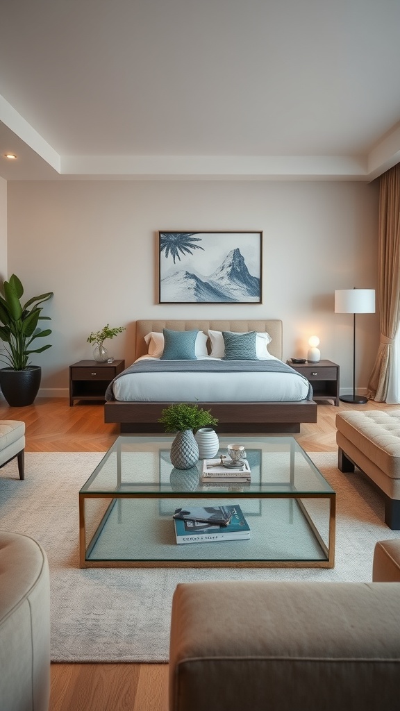 A modern living room featuring a glass coffee table with decorative items, surrounded by a cozy seating area.