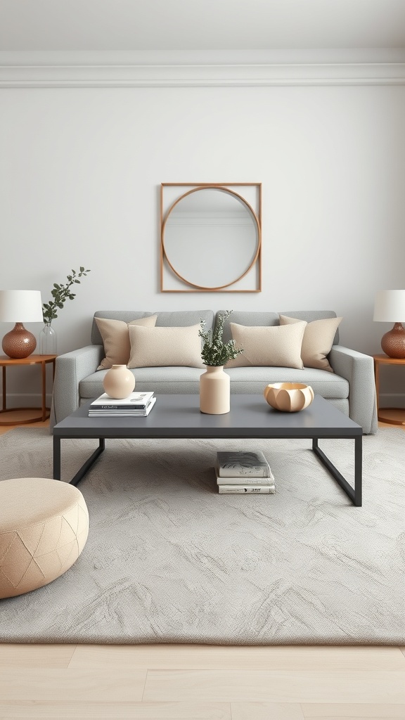 A modern living room with a gray coffee table, beige decor, and cozy furnishings.