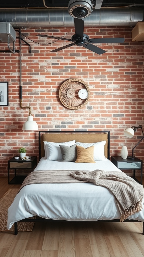 A modern industrial bedroom featuring a brick wall, minimalistic furniture, and cozy decor.