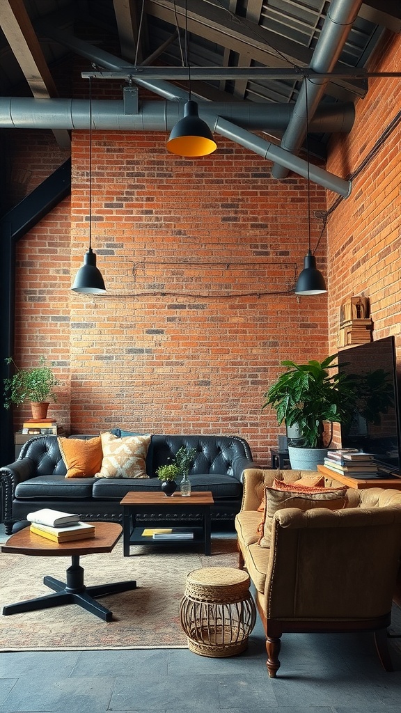 A modern industrial living room with a brick wall, black leather sofa, and stylish decor.