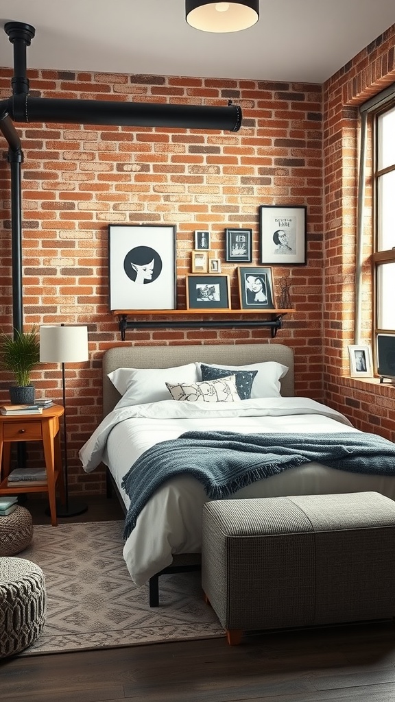 A modern industrial teen bedroom featuring exposed brick walls, a simple bed, artwork, and cozy decor.