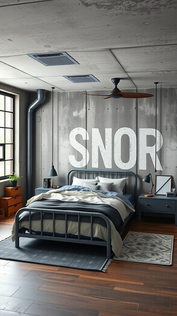 A modern industrial bedroom featuring concrete walls, a metal bedframe, and warm wooden flooring.