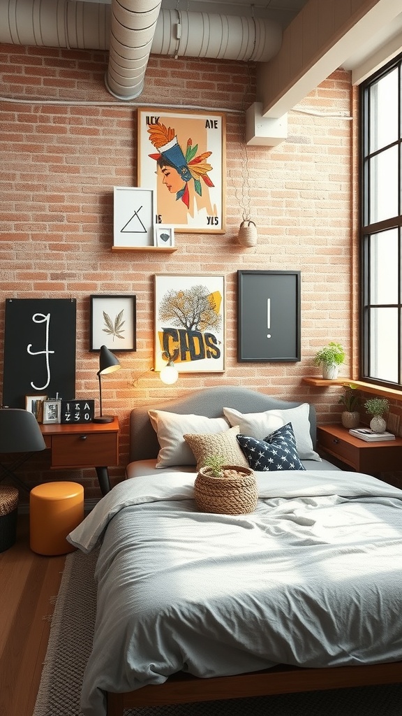 A stylish teen bedroom featuring exposed brick walls, modern furniture, and decorative artwork.
