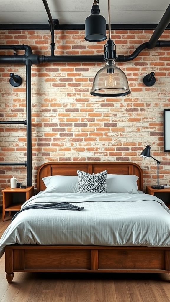 A modern industrial bedroom featuring a wooden bed, brick wall, and stylish lighting.