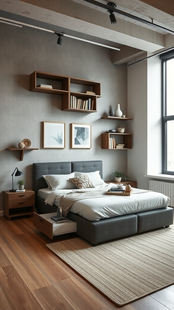 A modern loft bedroom featuring a spacious bed, wooden shelves, and natural light.