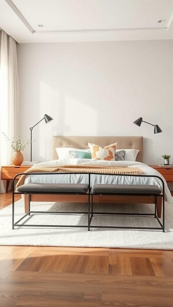 A modern metal frame bench at the end of a bed in a well-decorated bedroom
