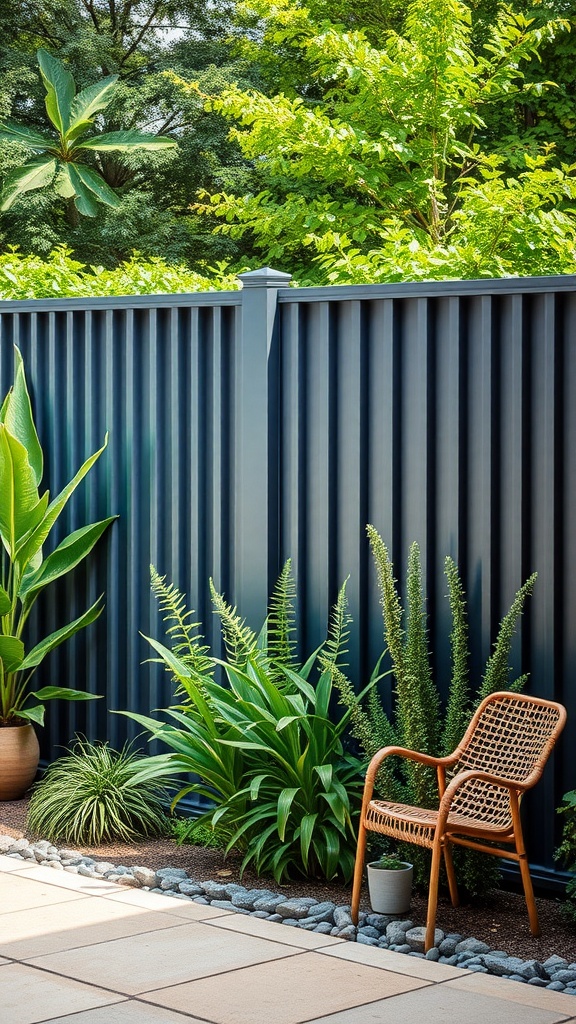 A modern backyard featuring a dark metal fence with lush green plants and a rattan chair.