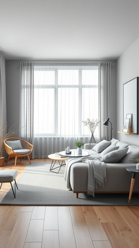 A modern grey living room featuring a sleek sofa, wooden accents, and large windows with natural light.