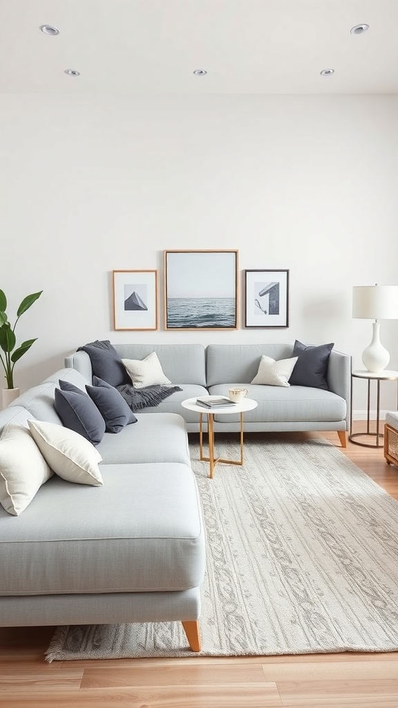 A modern living room featuring a light grey couch with accent pillows, a coffee table, and framed artwork on the walls.