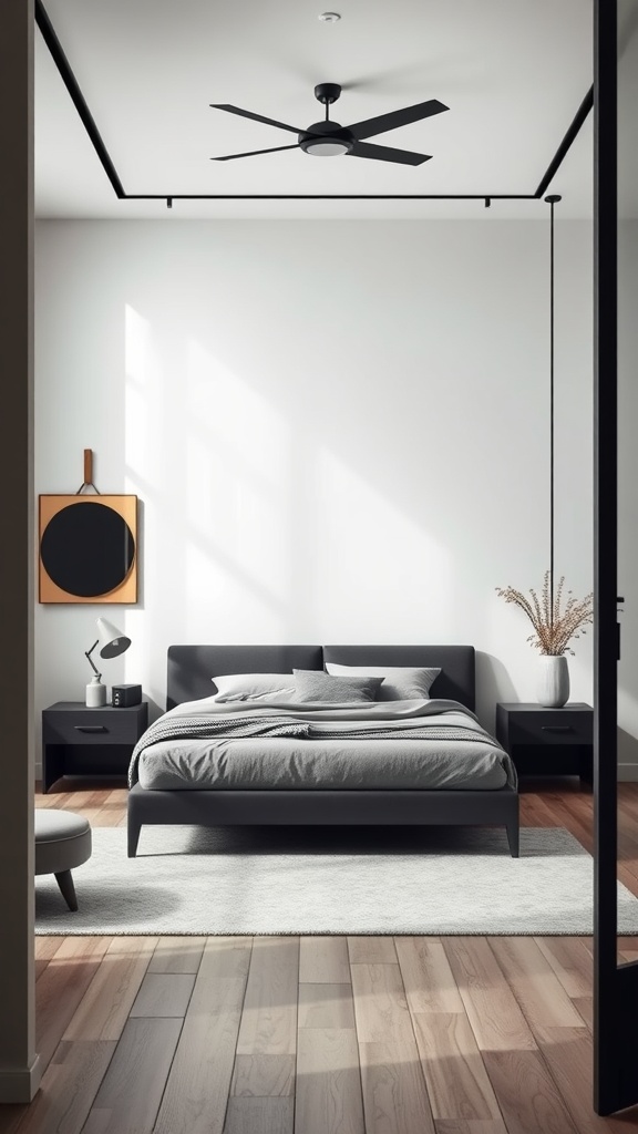 A modern minimalistic bedroom with clean lines, featuring a gray bed, wooden flooring, and simple decor.