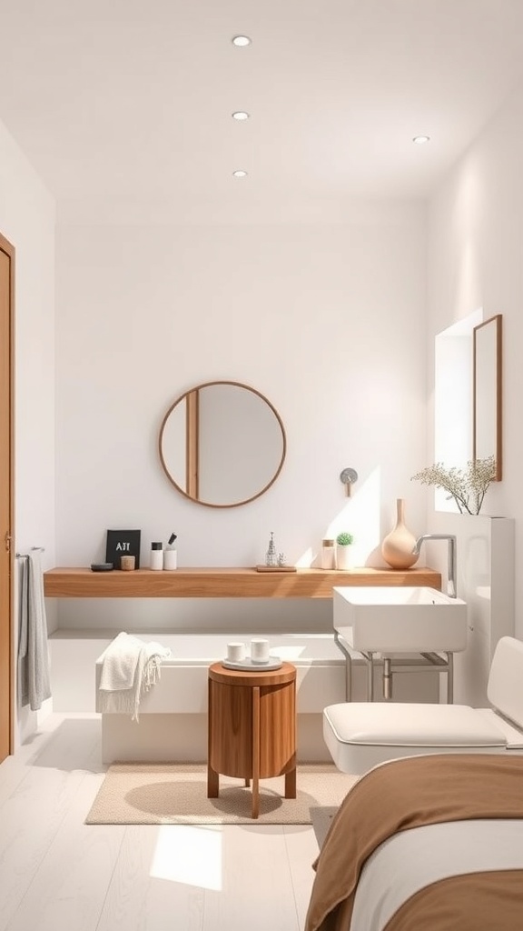 A modern minimalist bathroom featuring clean lines, warm wood accents, and a serene atmosphere.