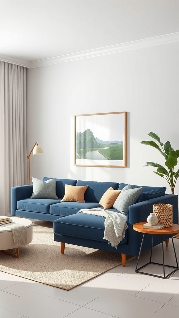 A modern living room featuring a navy blue sofa, light-colored rug, round coffee table, and green plant.