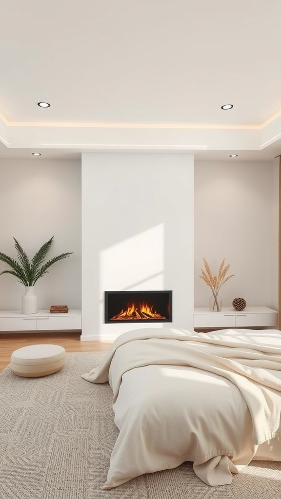 A modern minimalist bedroom featuring a faux fireplace, neutral colors, and simple decor.