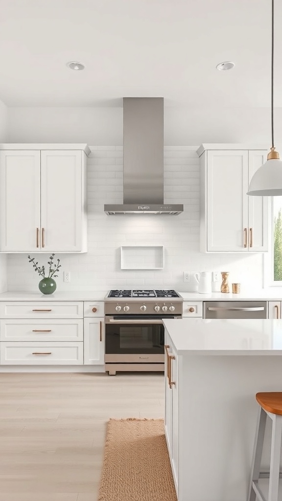 A modern minimalist kitchen featuring white cabinetry, a stainless steel range hood, and light wood flooring.