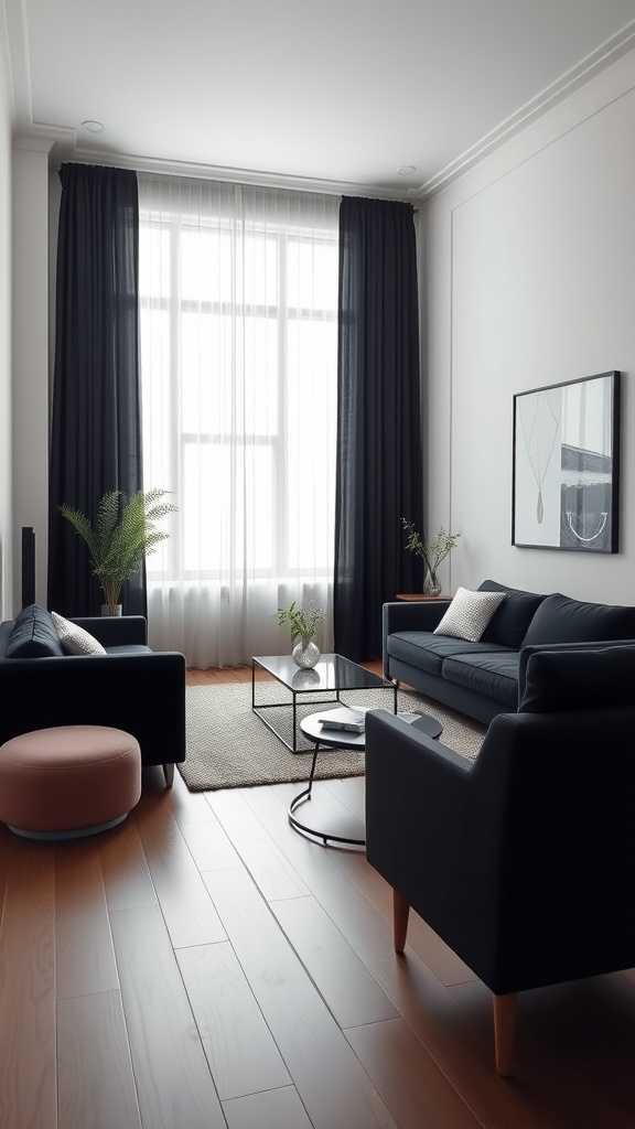 A modern living room featuring black curtains, a dark sofa, a pink ottoman, and a glass coffee table.