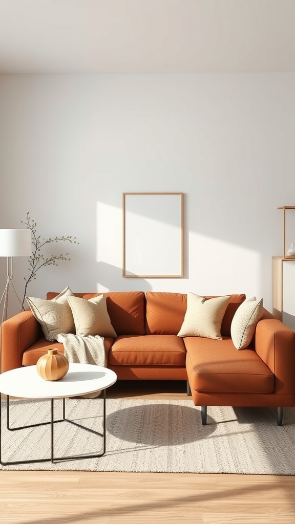 A modern minimalist living room featuring a brown sofa, light walls, and a round coffee table.