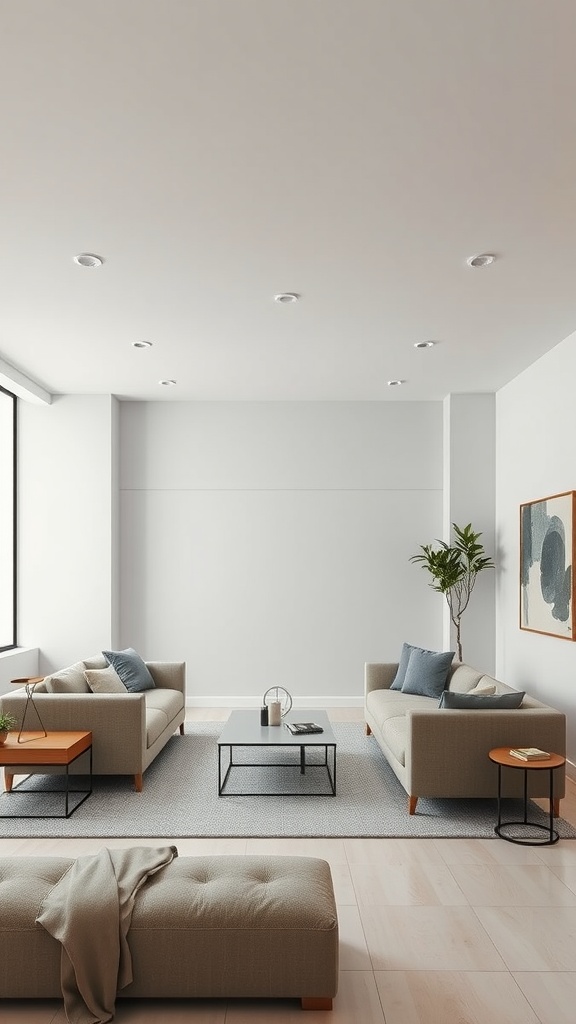 A modern minimalist basement lounge with neutral-colored furniture, large windows, and simple decor.