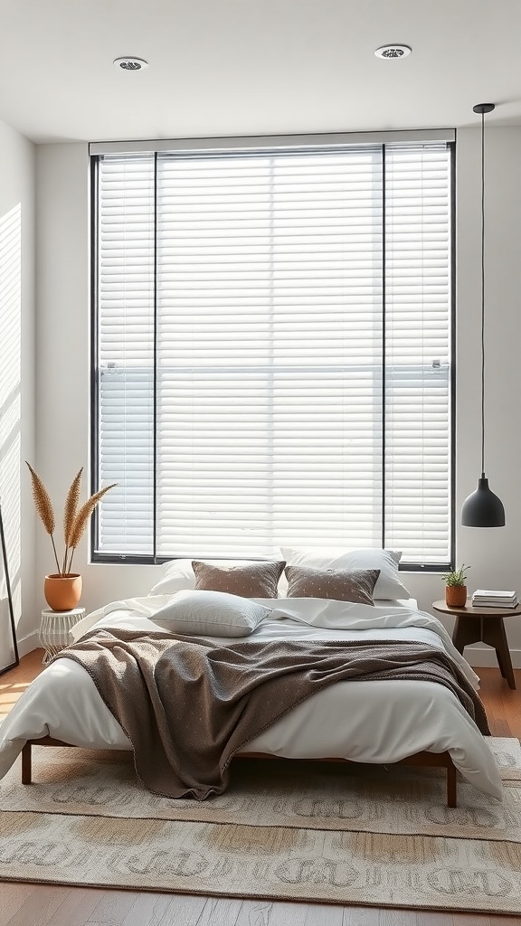 A modern bedroom with minimalist blinds, a cozy bed, and decorative plants