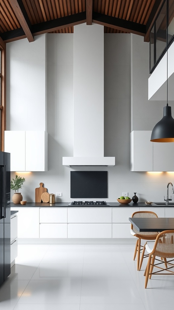 A modern minimalist kitchen featuring a sleek white chimney, wooden beams, and stylish furniture.