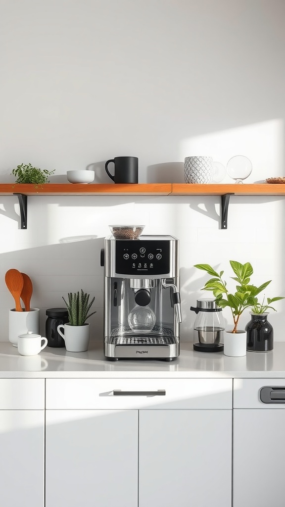 A modern minimalist coffee station with an espresso machine, plants, and stylish mugs on a wooden shelf.