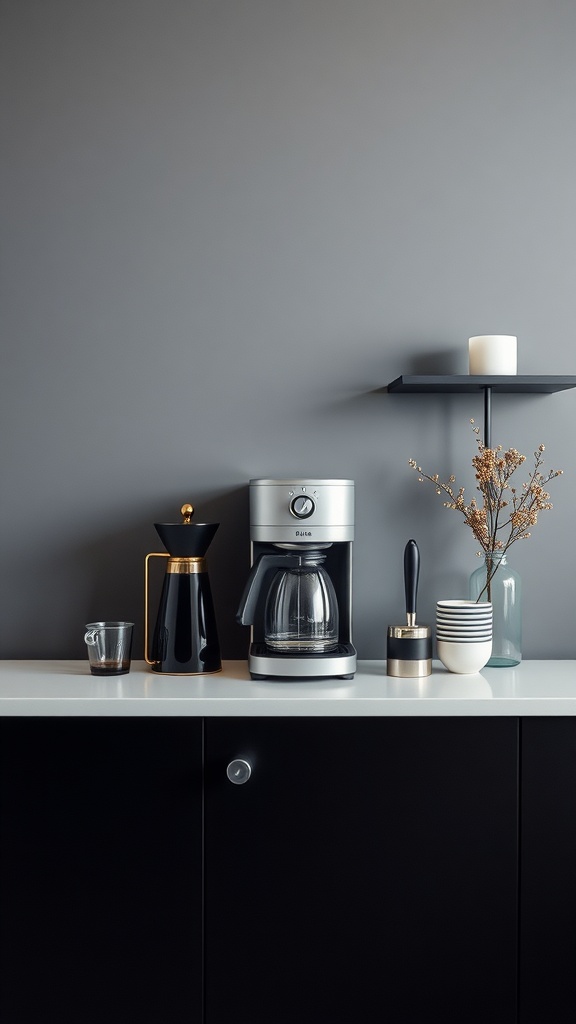 A modern minimalist coffee station featuring a sleek coffee maker, a French press, glass cup, and simple decor.