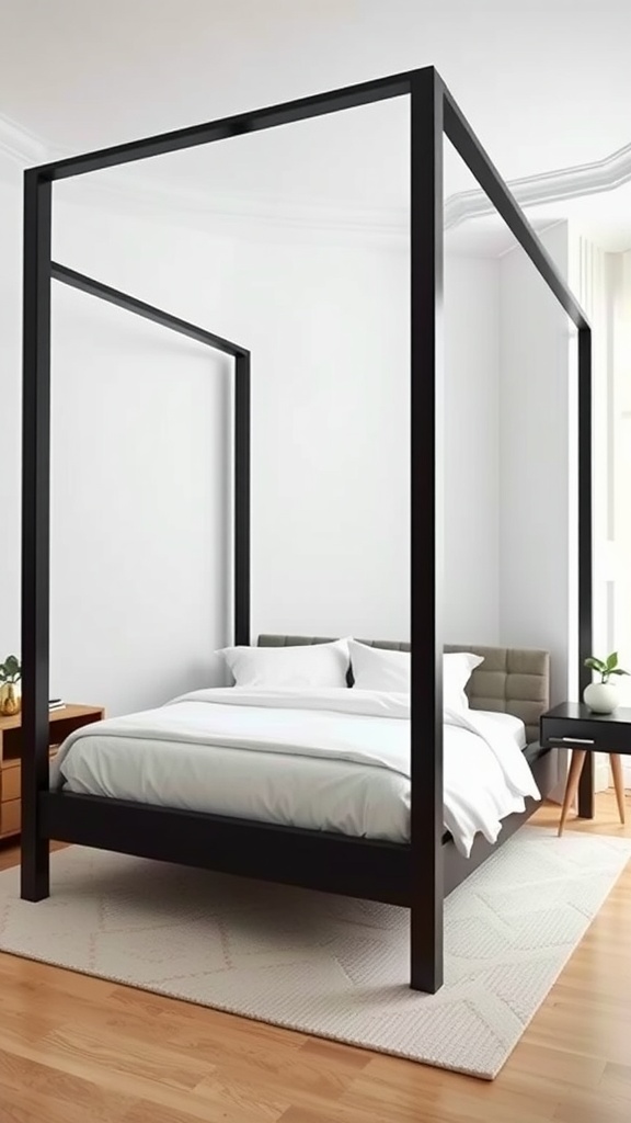 A modern minimalist bedroom featuring a sleek black four-poster bed with white bedding and simple furniture.