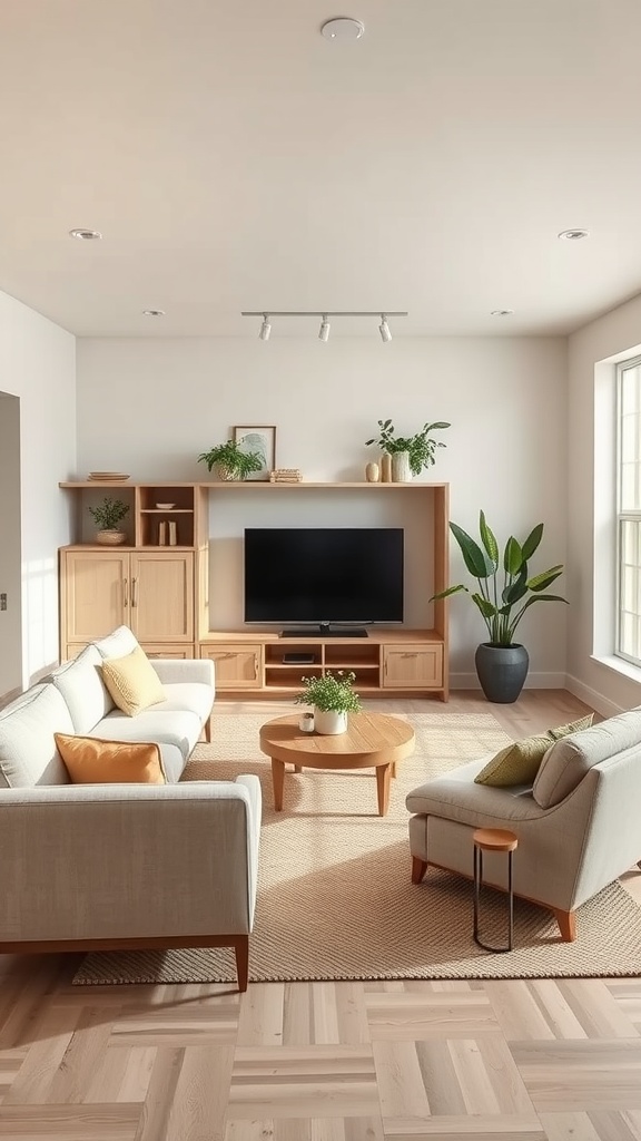 A modern minimalist basement family room featuring light-colored furniture, a wooden coffee table, and greenery.