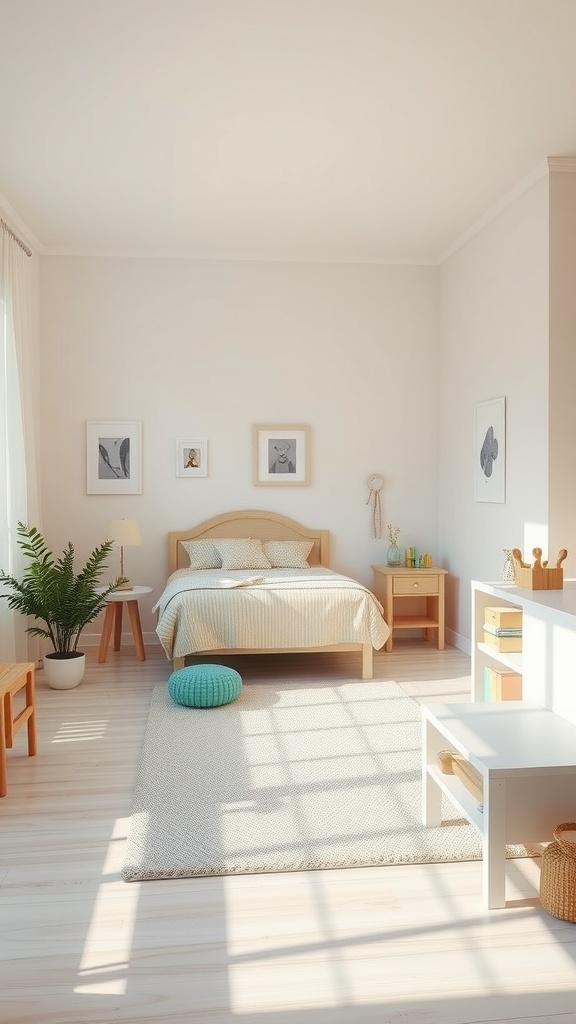 A minimalist kindergarten bedroom with natural light, simple furniture, and playful accents