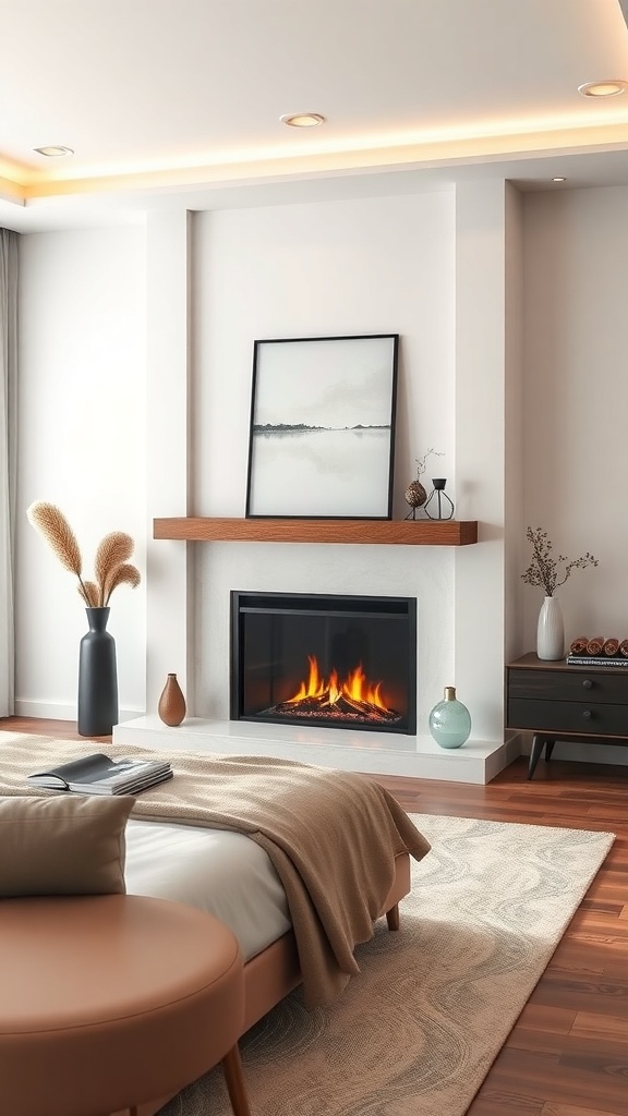 A modern minimalist bedroom featuring a faux fireplace, wooden flooring, and soft bedding.