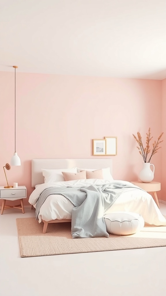 A modern minimalist pink bedroom featuring a simple bed, light wood furniture, and decorative accents.
