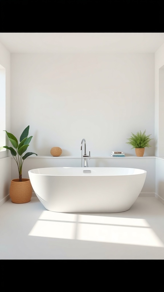 A modern minimalist bathroom featuring a freestanding white bathtub, plants, and natural light.