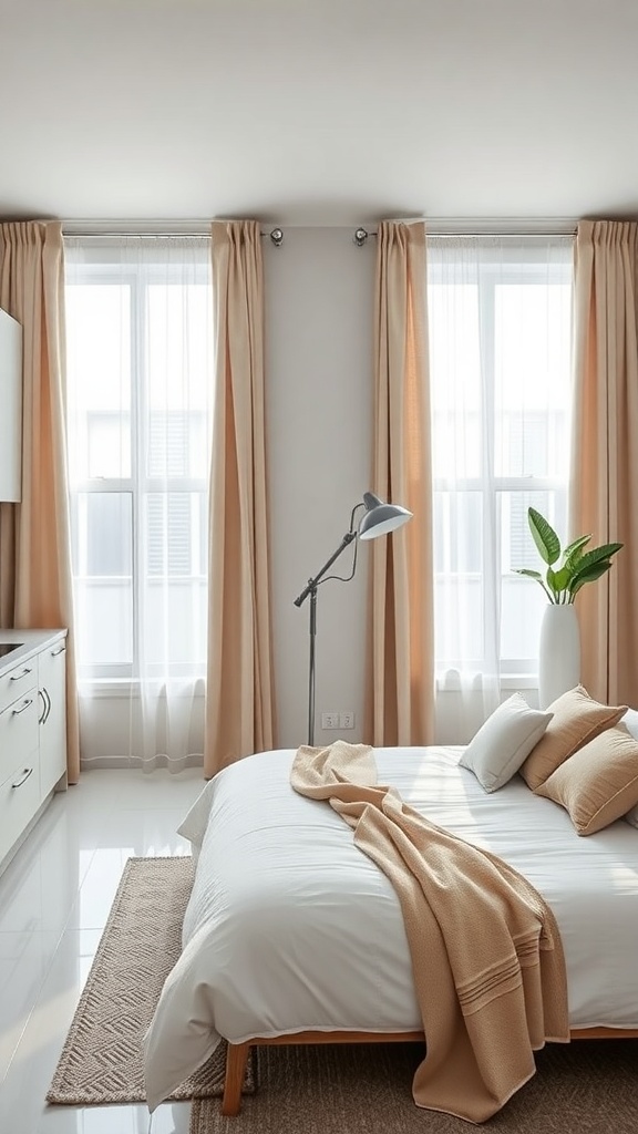 A modern minimalist bedroom with soft beige curtains, a cozy bed, and a plant.