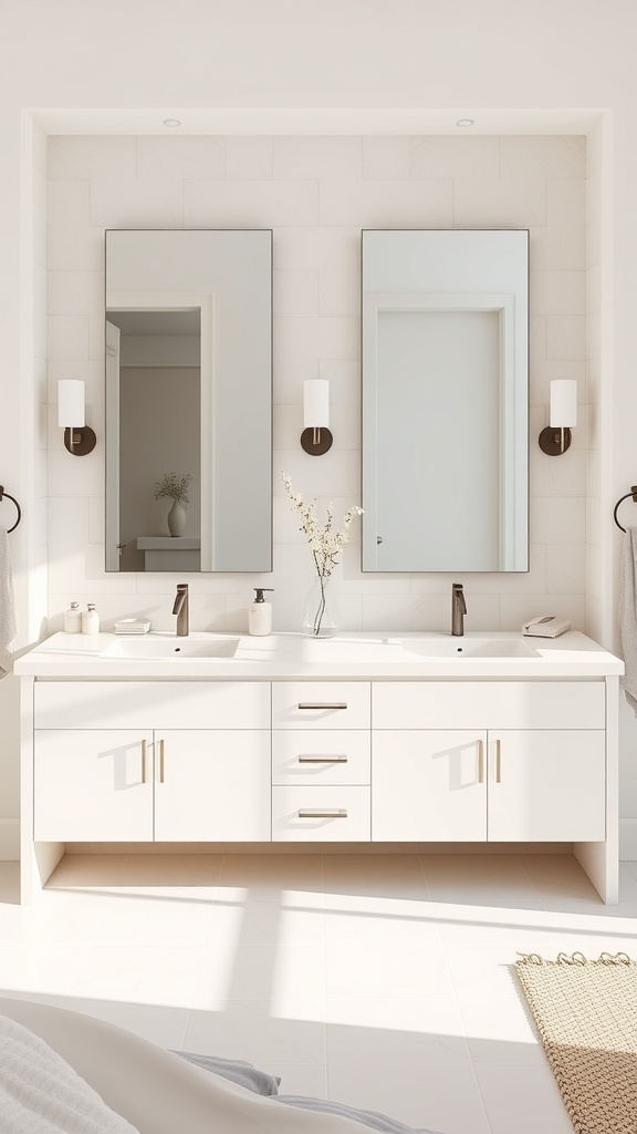 A modern minimalist double vanity with two sinks, large mirrors, and soft lighting.